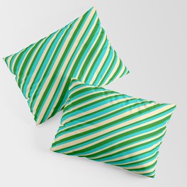 [ Thumbnail: Dark Turquoise, Beige, and Green Colored Striped/Lined Pattern Pillow Sham ]