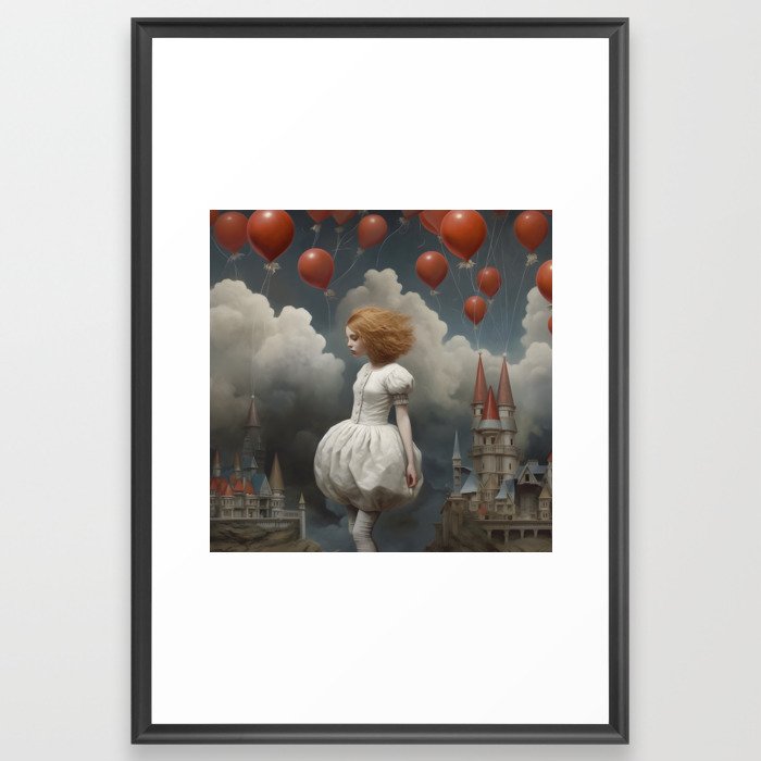 Red balloons, redhead girl, clouds and castles Framed Art Print