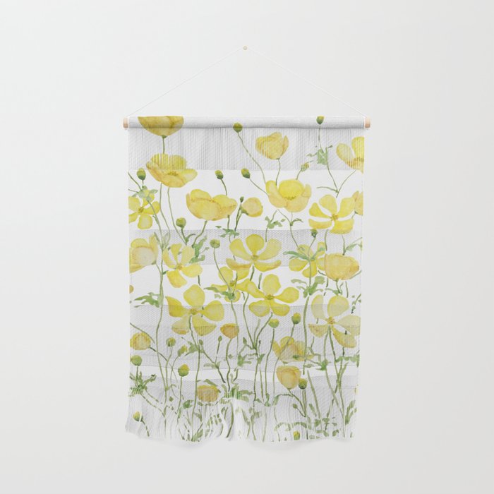 yellow buttercup flowers filed watercolor  Wall Hanging