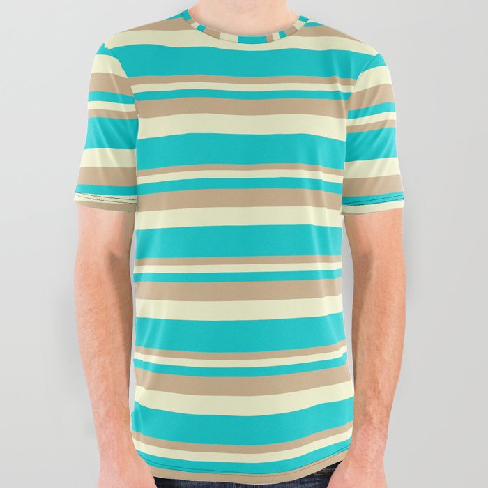 Tan, Light Yellow, and Dark Turquoise Colored Lined Pattern All Over Graphic Tee