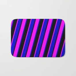 [ Thumbnail: Fuchsia, Blue, and Black Colored Stripes/Lines Pattern Bath Mat ]