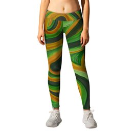 Abstract Retro Forest Green, Sage and Gold Swirl Lines Leggings