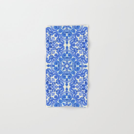 Cobalt Blue & China White Folk Art Pattern Hand & Bath Towel