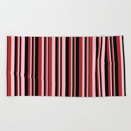 [ Thumbnail: Pink, Brown & Black Colored Striped Pattern Beach Towel ]