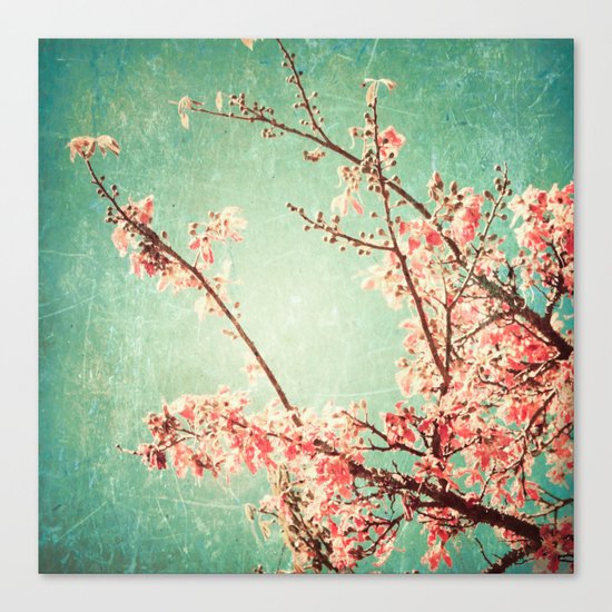 Pink Autumn Leafs on Blue Textured Sky (Vintage Nature Photography) Canvas Print