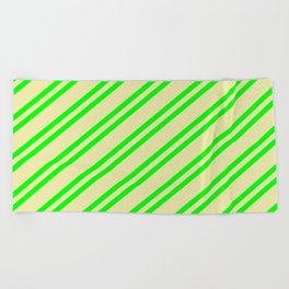 [ Thumbnail: Lime and Pale Goldenrod Colored Pattern of Stripes Beach Towel ]