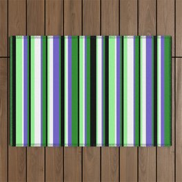 [ Thumbnail: Colorful Forest Green, Slate Blue, White, Green, and Black Colored Stripes Pattern Outdoor Rug ]