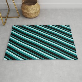 [ Thumbnail: Turquoise, Teal & Black Colored Pattern of Stripes Rug ]