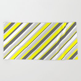 [ Thumbnail: Yellow, Dim Gray, White & Light Grey Colored Stripes Pattern Beach Towel ]