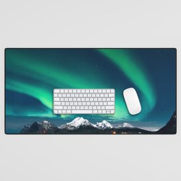 Norway Photography - Green Northern Lights Over Snowy Mountains Desk Mat