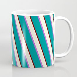 [ Thumbnail: Beige, Orchid, Dark Cyan, and Maroon Colored Striped/Lined Pattern Coffee Mug ]