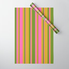 [ Thumbnail: Green, Goldenrod & Hot Pink Colored Lined Pattern Wrapping Paper ]
