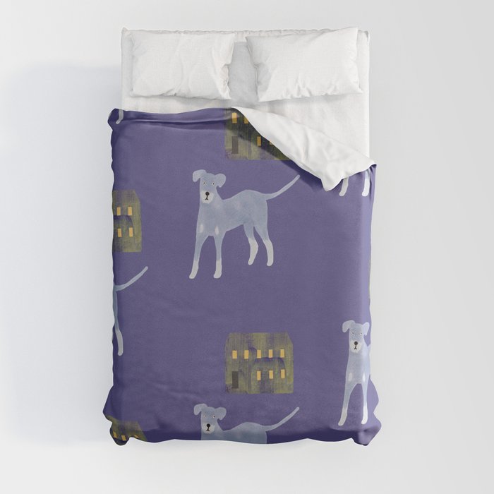 Dog and a House - Blue Grey and Very Peri Duvet Cover