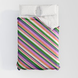 [ Thumbnail: Dark Slate Blue, Violet, Coral, White, and Green Colored Lined/Striped Pattern Comforter ]