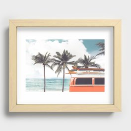 Vintage car parked on the tropical beach seaside with a surfboard on the roof - Leisure trip in the summer. Retro color effect Recessed Framed Print
