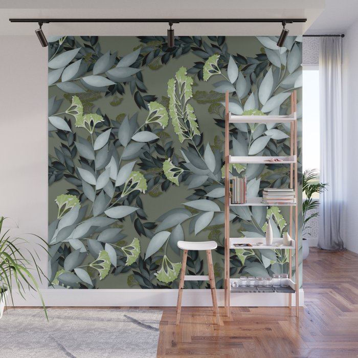 Green & Grey Color Floral & Funar Design  Wall Mural
