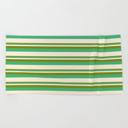 [ Thumbnail: Green, Sea Green, and Beige Colored Lined Pattern Beach Towel ]
