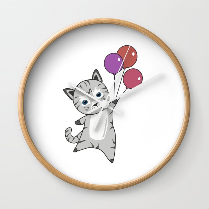 Cat Flies Up With Colorful Balloons Wall Clock