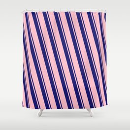 [ Thumbnail: Midnight Blue and Pink Colored Lined/Striped Pattern Shower Curtain ]