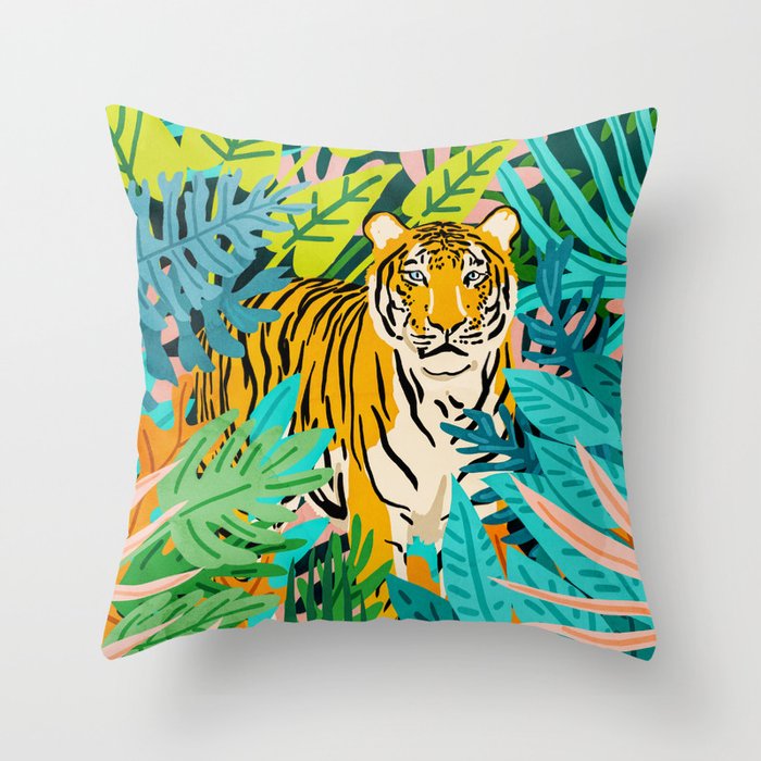 Only 3890 Tigers Left, Wildlife Vibrant Tiger Painting, Jungle Nature Colorful Illustration Throw Pillow