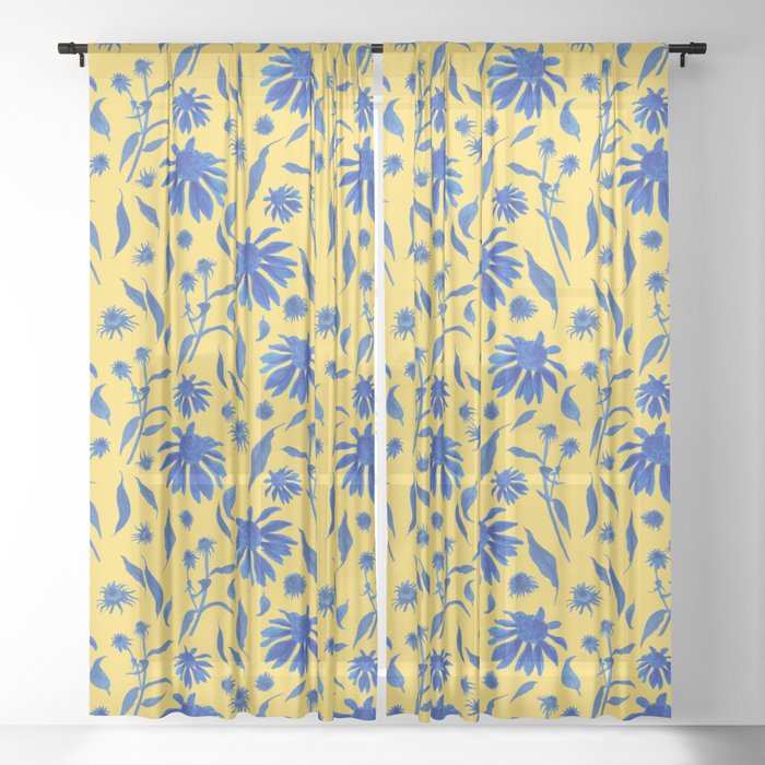 Elegant Blue Yellow Cone Flowers Floral Pattern Sheer Curtain