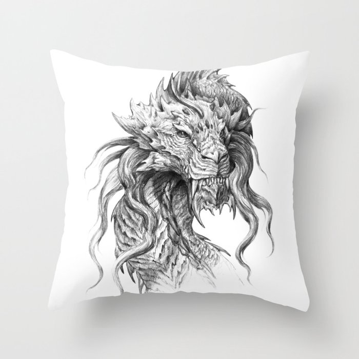 Dark Side Japanese Dragon portrait | Graphite Pencil art Throw Pillow
