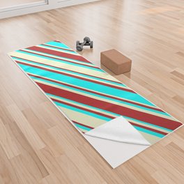 [ Thumbnail: Red, Cyan, and Light Yellow Colored Stripes Pattern Yoga Towel ]