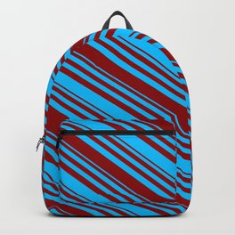 [ Thumbnail: Deep Sky Blue and Dark Red Colored Lined Pattern Backpack ]