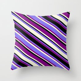 [ Thumbnail: Medium Slate Blue, Purple, Beige & Black Colored Lined Pattern Throw Pillow ]