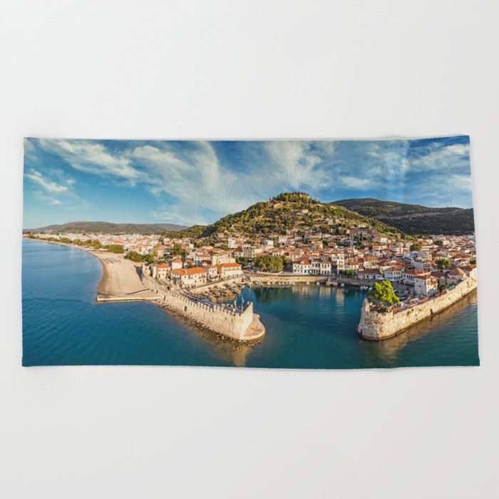 The historic port of Nafpaktos, Greece Beach Towel