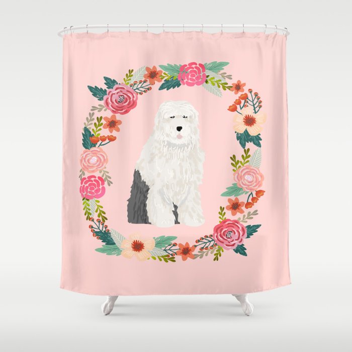 old english shepherd floral wreath dog breed pet portrait pure breed dog lovers Shower Curtain