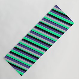 [ Thumbnail: Dark Slate Blue, Grey, Green, and Black Colored Lines/Stripes Pattern Yoga Mat ]
