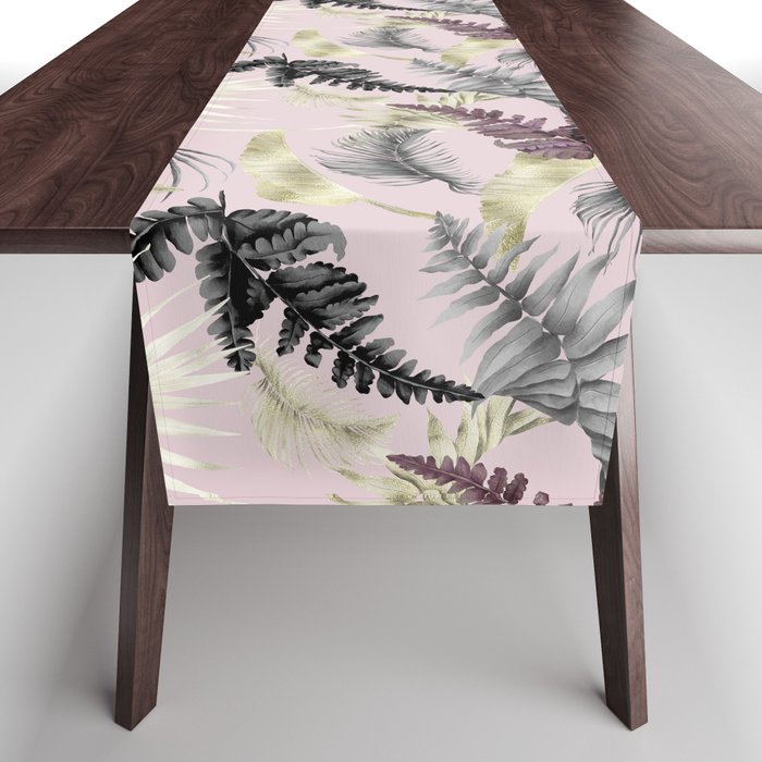 Pretty Pink Grey Leaves Foliage Pattern Table Runner