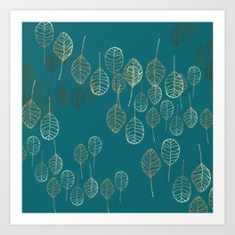 Golden Leaves - Teal Art Print