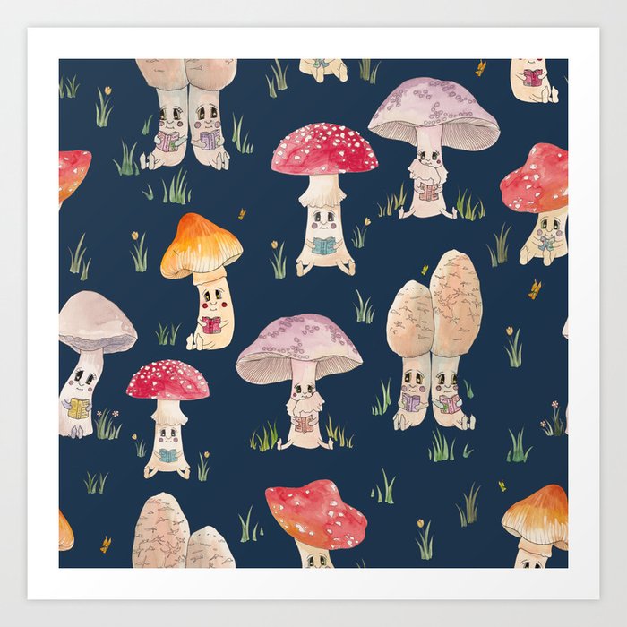 Cute Forest Mushrooms Reading Books Art Print