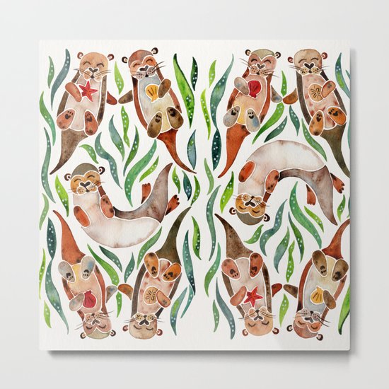 Five Otters – Green Seaweed Metal Print