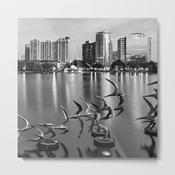 Orlando Skyline Taking Flight in Black and White - Lake Eola 1x1 Metal Print
