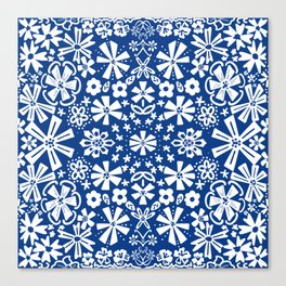 Navy Blue Folk Art Flowers Retro Modern Pattern Canvas Print