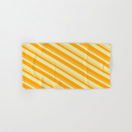 [ Thumbnail: Pale Goldenrod & Orange Colored Pattern of Stripes Hand & Bath Towel ]