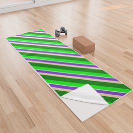 [ Thumbnail: Colorful Purple, Pale Goldenrod, Green, Lime & Light Cyan Colored Stripes/Lines Pattern Yoga Towel ]