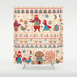 Bear,fox,rooster and chicken with chicken,fairy houses,forest,plants on a beige background. Holiday design Shower Curtain
