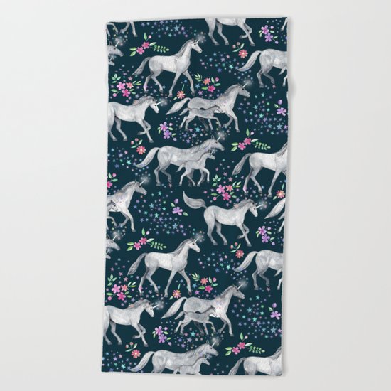 Unicorns and Stars on Dark Teal Beach Towel