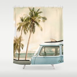 Vintage car parked on the tropical beach (seaside) with a surfboard on the roof Shower Curtain
