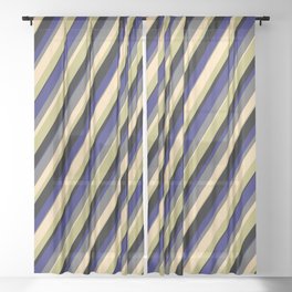 [ Thumbnail: Vibrant Dim Grey, Tan, Dark Khaki, Black, and Midnight Blue Colored Lines Pattern Sheer Curtain ]