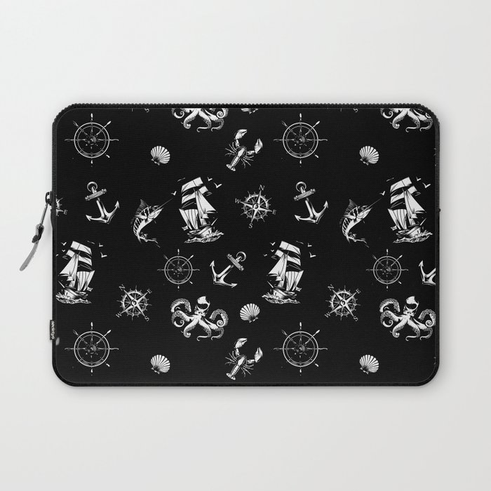 Black And White Silhouettes Of Vintage Nautical Pattern Laptop Sleeve
