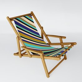 [ Thumbnail: Vibrant Dark Goldenrod, Turquoise, Black, Beige & Midnight Blue Colored Lines Pattern Sling Chair ]