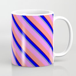 [ Thumbnail: Colorful Blue, Light Slate Gray, Violet, Salmon, and Maroon Colored Lines Pattern Coffee Mug ]