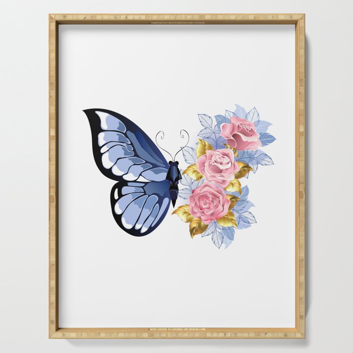 Blue Butterfly with Roses Serving Tray