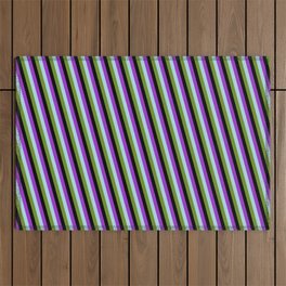 [ Thumbnail: Dark Orchid, Light Blue, Green, and Black Colored Lines Pattern Outdoor Rug ]