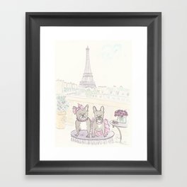 French Bulldogs and Tea in Paris with Eiffel Tower View Framed Art Print